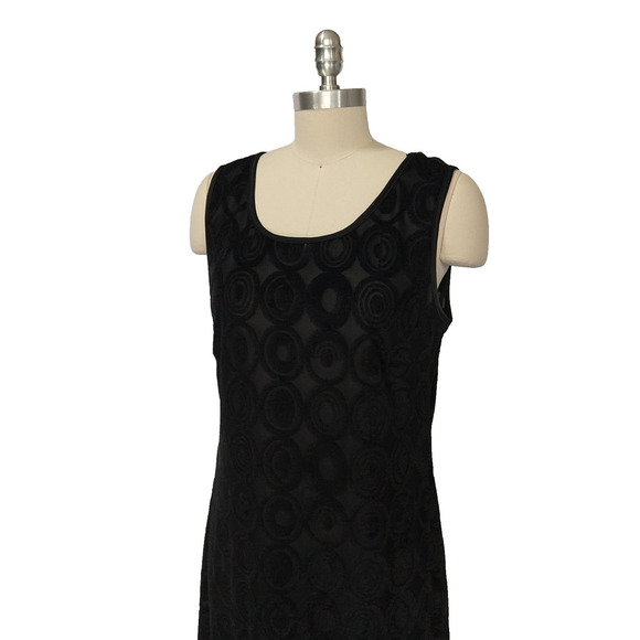 Vintage 90s Black Maxi Dress Size L Lapis Geo Burnout Semi Sheer Mod Flocked - Picture 6 of 9